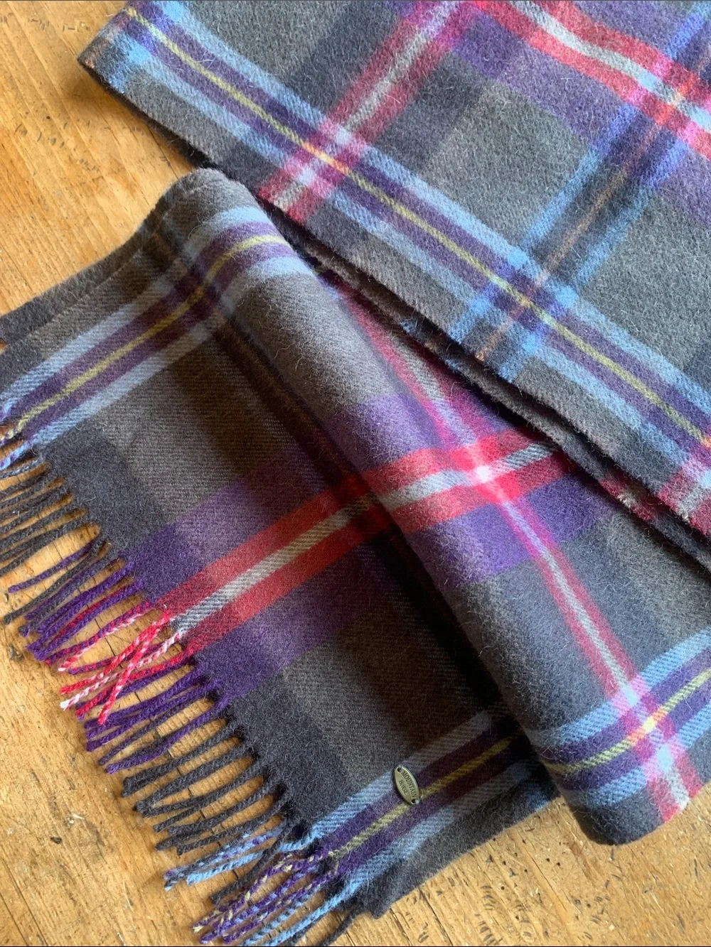 Mountain Horse Wool Blend Plaid Fringe Wool Blend Scarf in Gray, Purple & Red